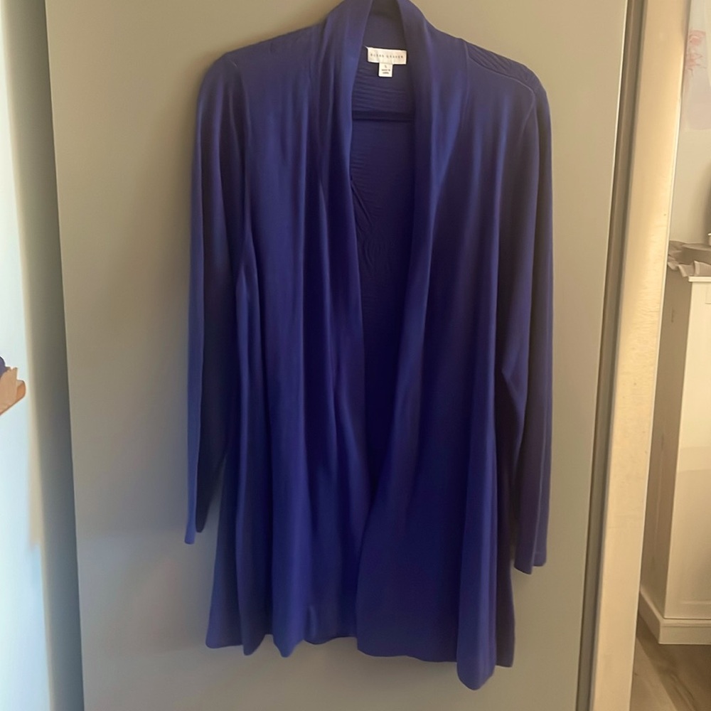 Susan Graver Womans Open Front‎ Long Cardigan Sweater Size Large Navy 3/4 sleeve